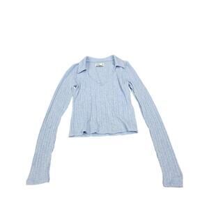 Y2k Hollister Ribbed Vintage Deep V Collared Blue Light Baby Pastel M Shirt Top